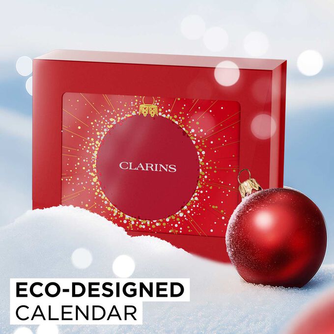 Packshot af Clarins’ 12 Days julekalender med miljøvenligt designet emballage – skabt til at blive genbrugt efter julen er ovre