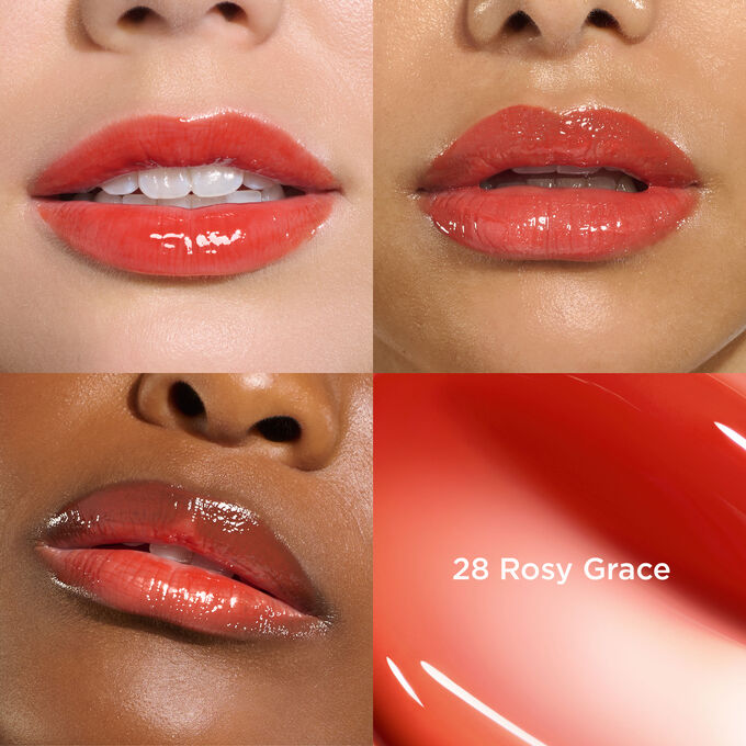 Close-up of lips wearing Clarins Lip Comfort Oil - Limited Edition in Bright brick shade, hydrating, plumping, and glossy.