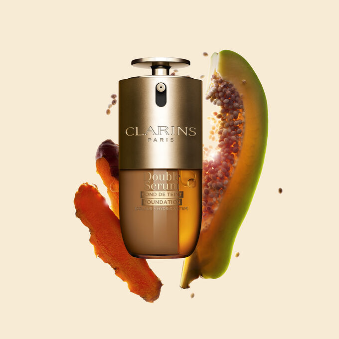 Packshot of Clarins Double Serum Foundation available for every skin tone, featuring key ingredients turmeric and papain