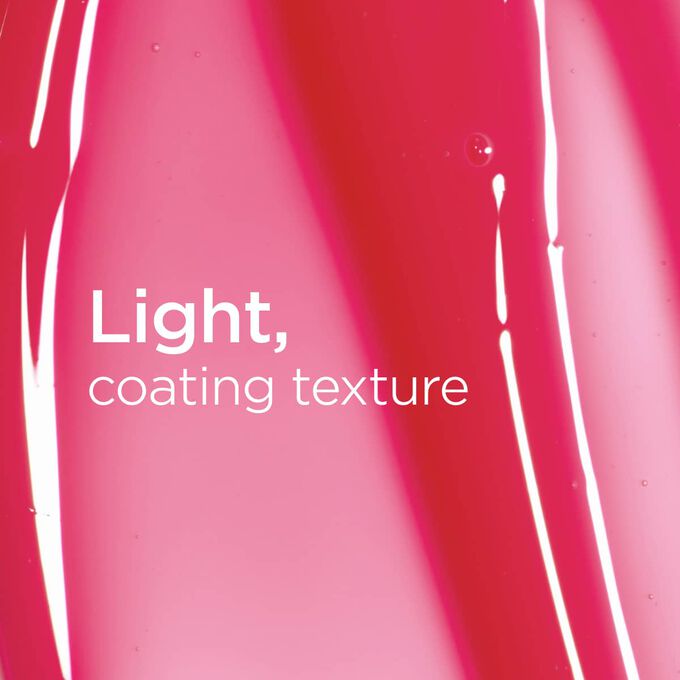Textured glossy pink background with text highlighting the light, smooth coating texture of the Lip Oil Love Collection