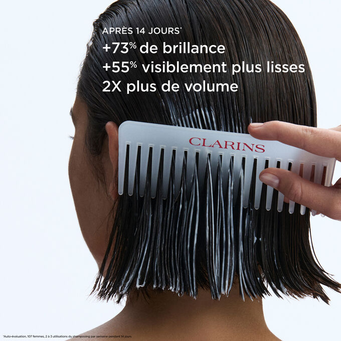 R&eacute;sultats de l&rsquo;apr&egrave;s-shampooing lissant sur les cheveux : deux fois plus de volume et +73&nbsp;% de brillance pour des cheveux faciles &agrave; coiffer.
