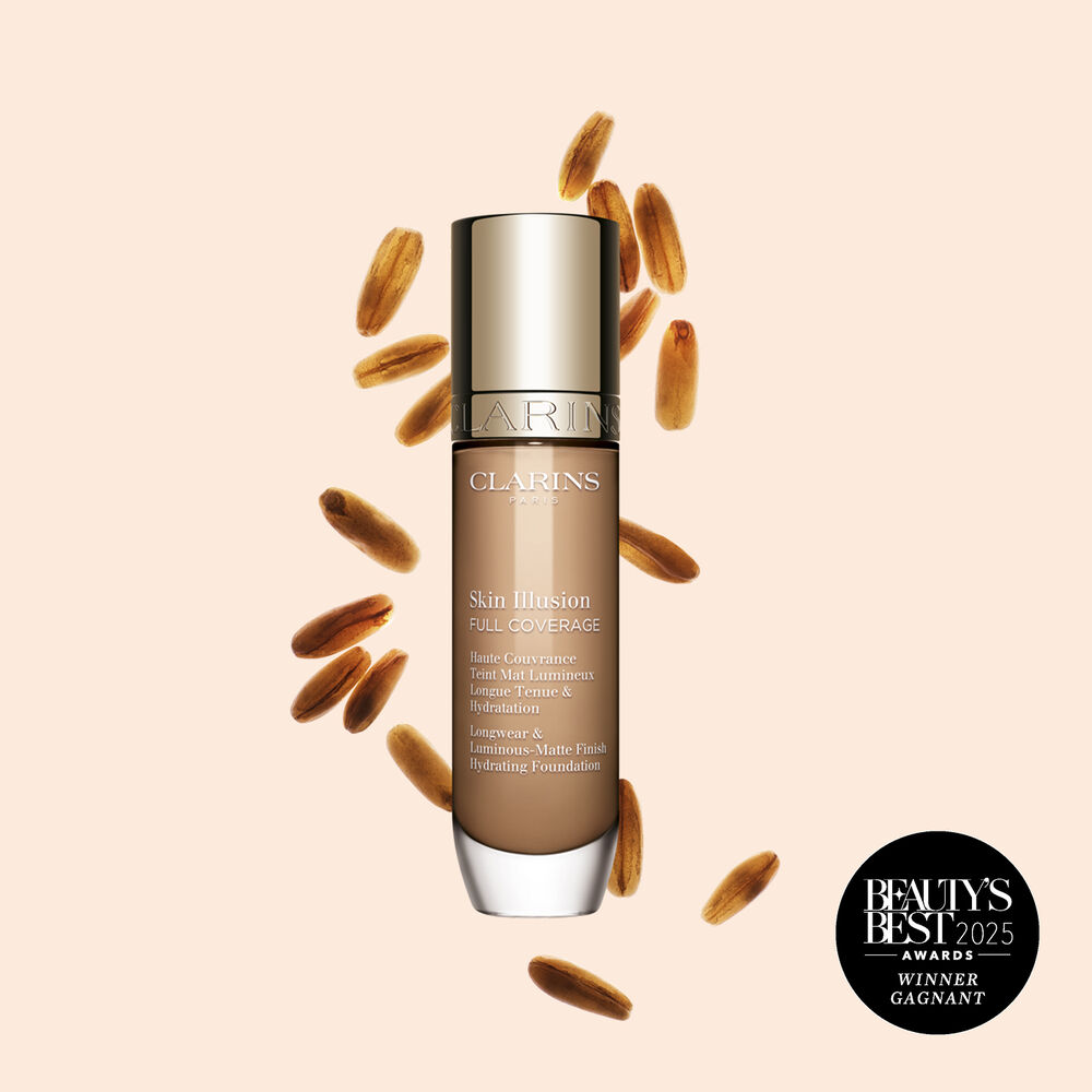 Skin Illusion Full Coverage Clarins pr&eacute;sente son design &eacute;pur&eacute; et son emballage &eacute;clatant, le fond de teint id&eacute;al pour un teint parfait et naturel.