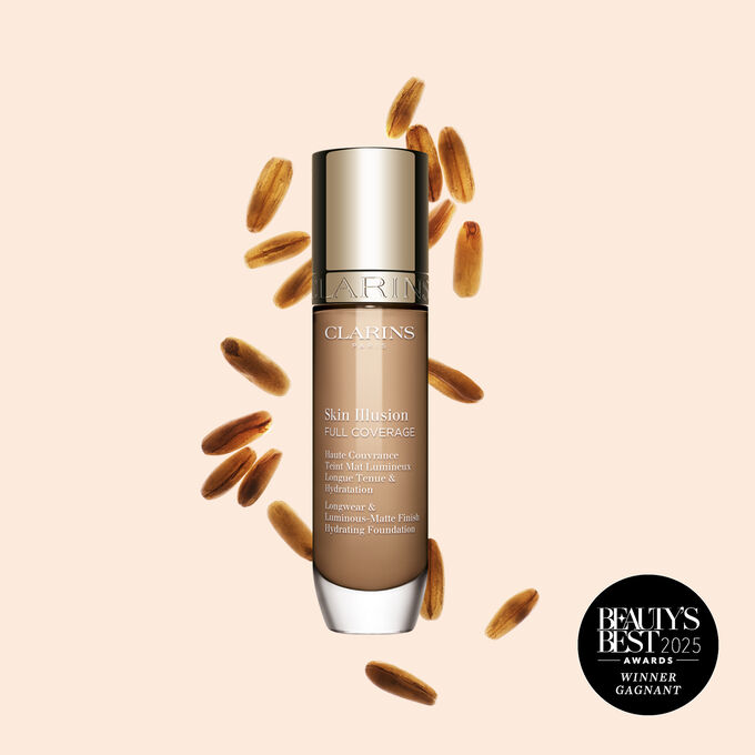Skin Illusion Full Coverage Clarins pr&eacute;sente son design &eacute;pur&eacute; et son emballage &eacute;clatant, le fond de teint id&eacute;al pour un teint parfait et naturel.