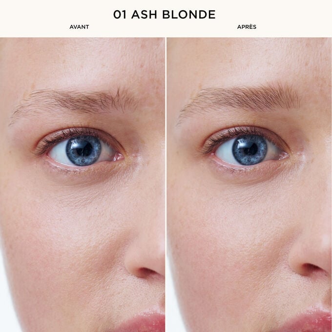 Les sourcils d&rsquo;une femme avant et apr&egrave;s l&rsquo;utilisation du Crayon Sourcils Wonder Define Clarins en Ash Blonde, montrant des sourcils plus fournis et mieux structur&eacute;s.
