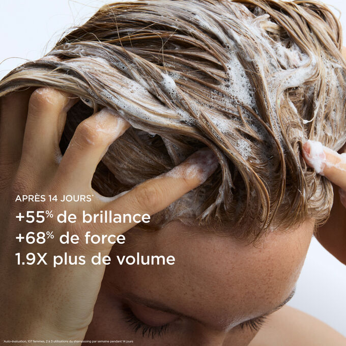 Shampooing volume pour cheveux plats : cheveux 68&nbsp;% plus forts et brillance accrue apr&egrave;s deux semaines de lavage