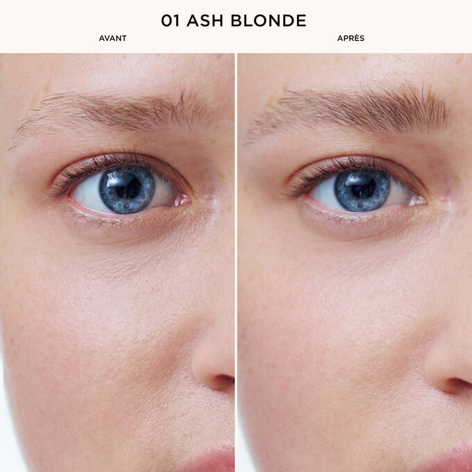 Les sourcils d&rsquo;une femme avant et apr&egrave;s utilisation du  Fixateur Sourcils Wonder Sculpt Clarins en Ash Blonde, pour des sourcils plus fournis, plus d&eacute;finis et naturels.