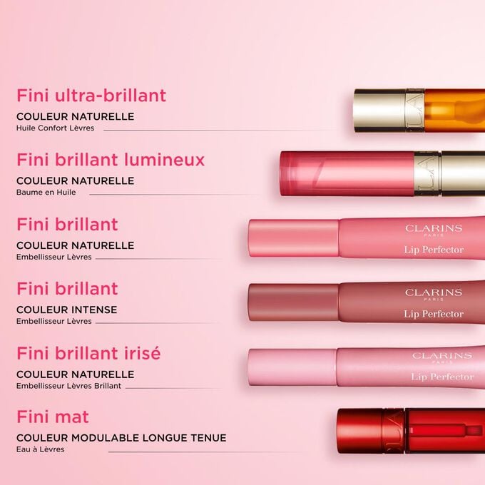 Incontournables de la gamme l&egrave;vres de Clarins : Lip Oil, Lip Balm, Lip Stain, et Lip Perfector, pour une couleur naturelle et une brillance confortable longue dur&eacute;e