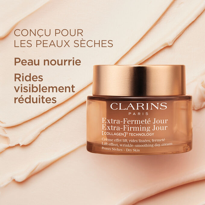Plan produit de la Cr&egrave;me Extra-Firming Jour pour peaux s&egrave;ches illustrant ses effets anti-rides et tr&egrave;s nourrissants