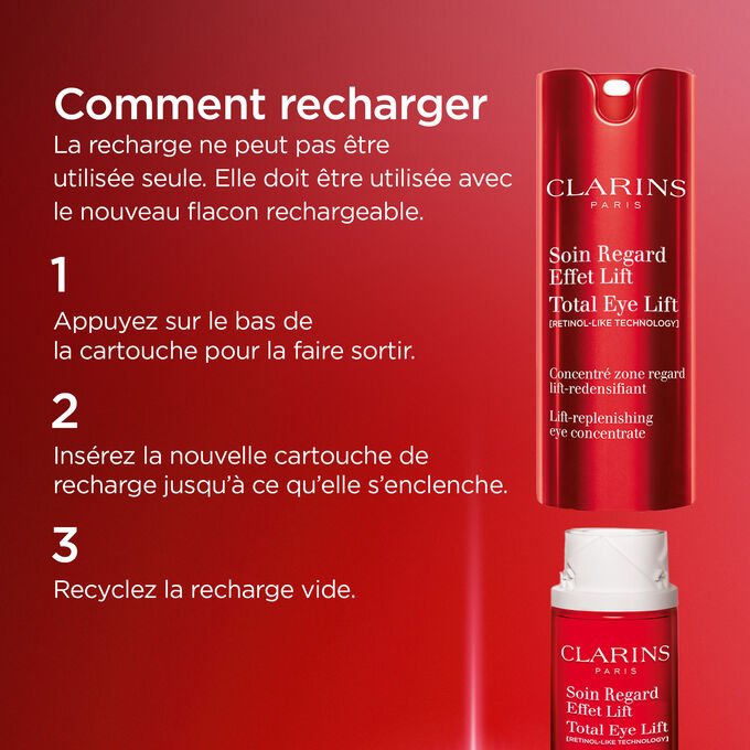 Processus de recyclage du Total Eye Lift de Clarins&nbsp;: Conservez l&rsquo;emballage m&eacute;tallique, recyclez la recharge vide et ins&eacute;rez une nouvelle recharge dans l&rsquo;emballage.