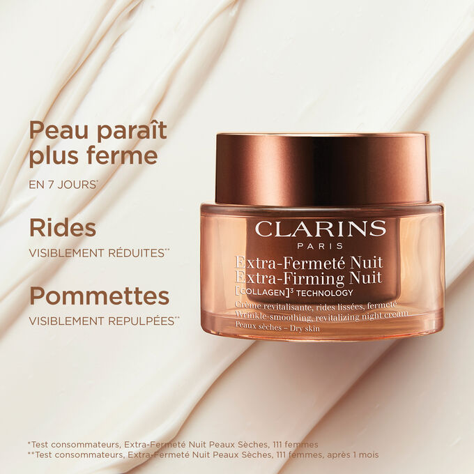 Plan produit de la Cr&egrave;me Extra-Firming Nuit pour peaux s&egrave;ches illustrant ses effets repulpants et raffermissants visibles sur la peau