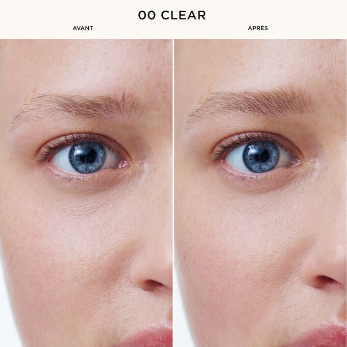 Les sourcils d&rsquo;une femme avant et apr&egrave;s utilisation du  Fixateur Sourcils Wonder Sculpt transparent Clarins, pour des sourcils lift&eacute;s, structur&eacute;s et naturellement d&eacute;finis.