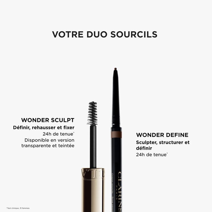 La routine sourcils Clarins avec les essentiels : Wonder Define, Wonder Sculpt Clear Gel et Wonder Sculpt Tinted Gel pour un effet liftant naturel et une tenue 24 h.