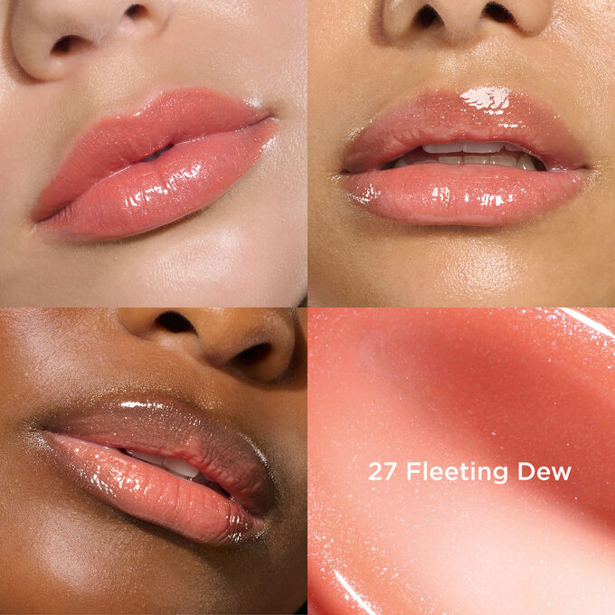 Gros plan sur les lèvres portant le Lip Comfort Oil Clarins - Édition Limitée dans la teinte Peachy Scintillante, hydratante, repulpante et brillante.