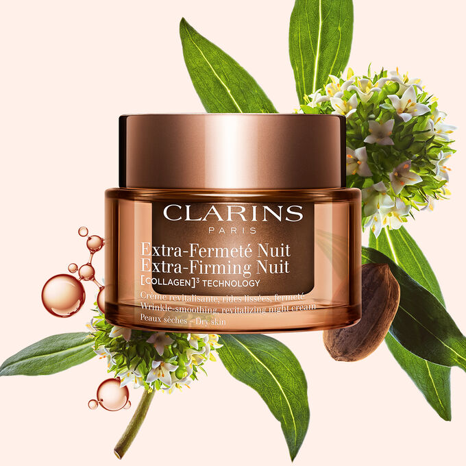 Plan produit de la Cr&egrave;me Extra-Firming Nuit de Clarins pour les peaux s&egrave;ches, avec mitracarpus, graine de p&eacute;can et mol&eacute;cule de collag&egrave;ne