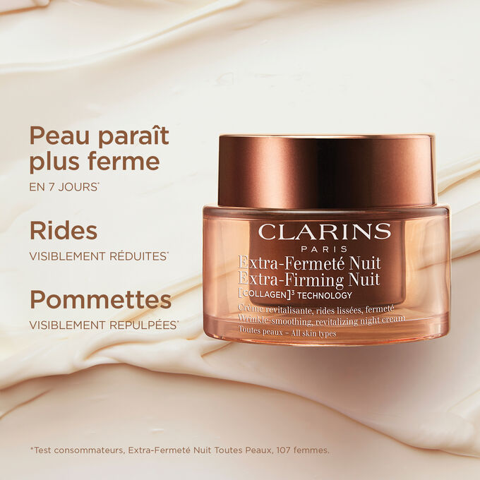 Plan produit de la Cr&egrave;me Extra-Firming Nuit pour illustrer ses effets de joues rebondies, contours du visage d&eacute;finis et sillons nasog&eacute;niens.