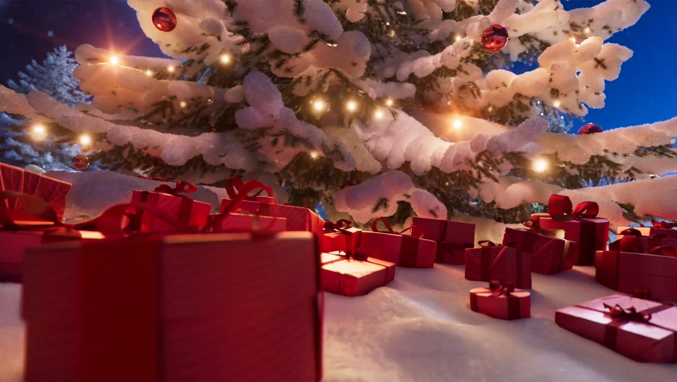 Extract of the Holiday video campaign 2025 of Clarins, showing a lot of gift boxes under a Christmas tree