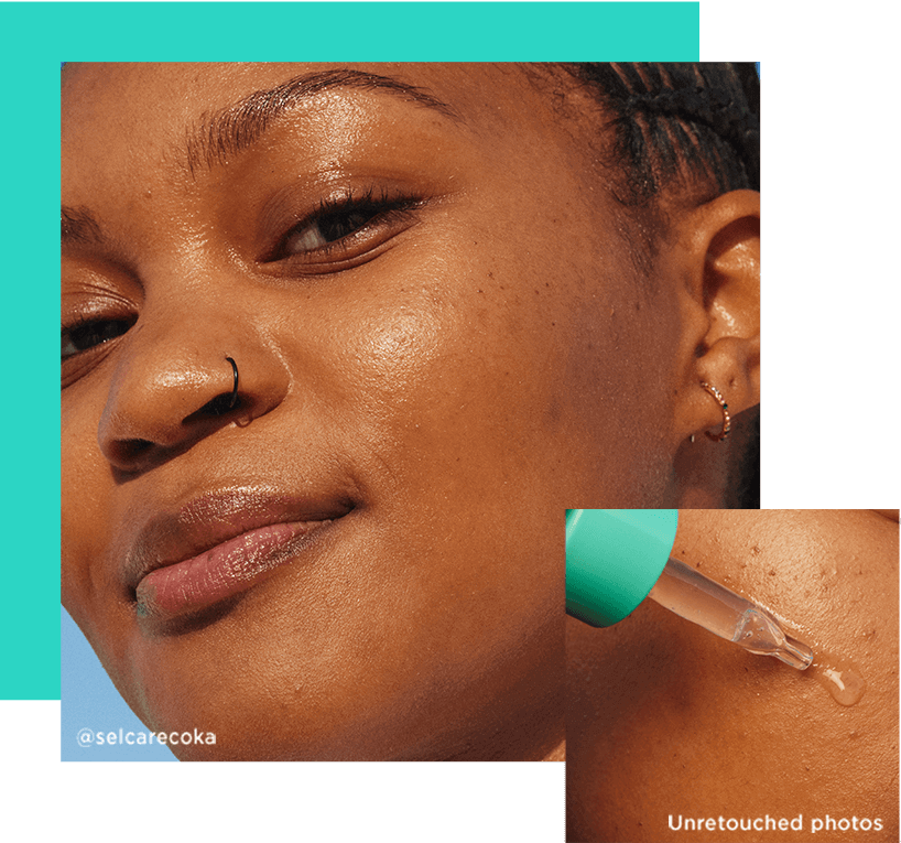 Turquoise-colored background, Model oily skin, Texture on skin serum