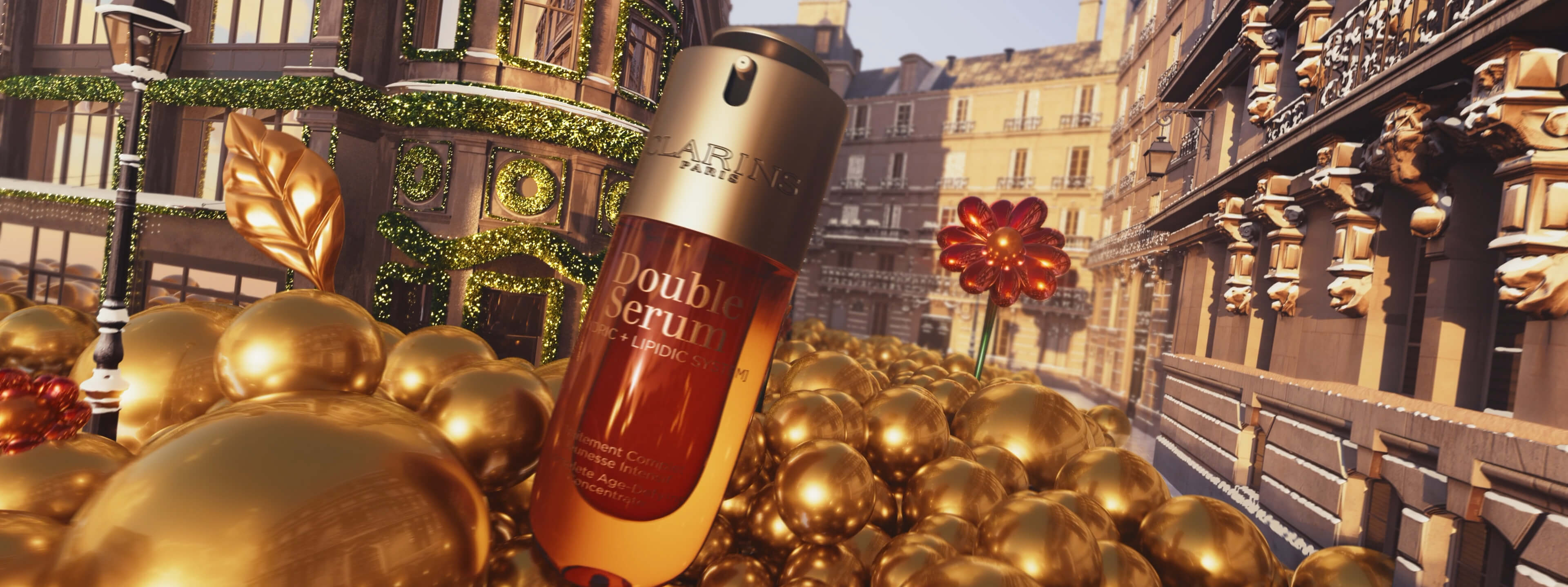Extract of the Holiday video campaign 2026 of Clarins, showing a skier sliding down a Christmas tree filled with Clarins products.